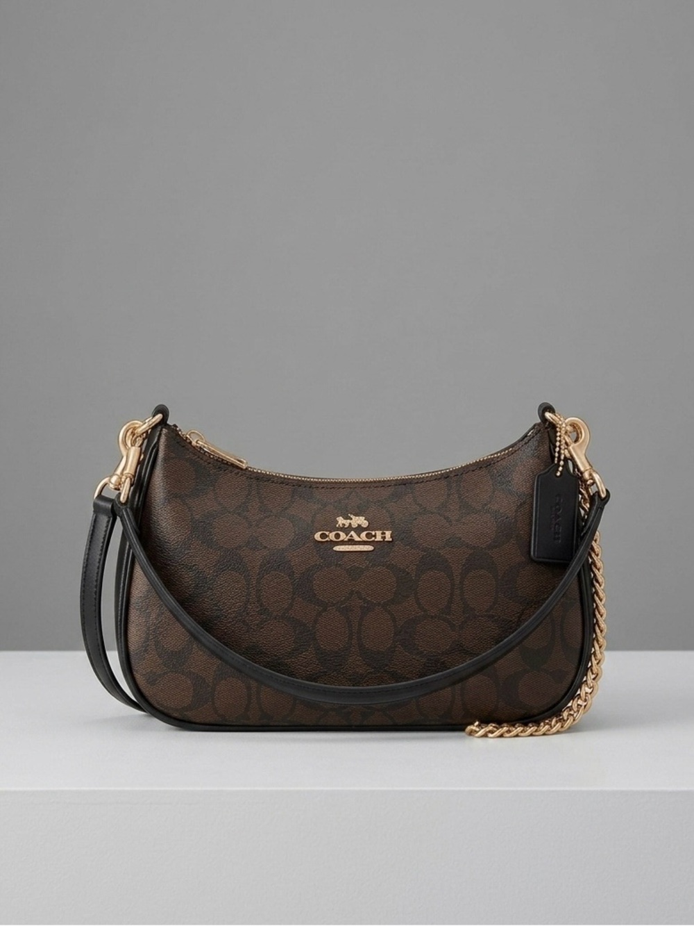 Coach Brown Signature Crescent Crossbody with Gold Chain